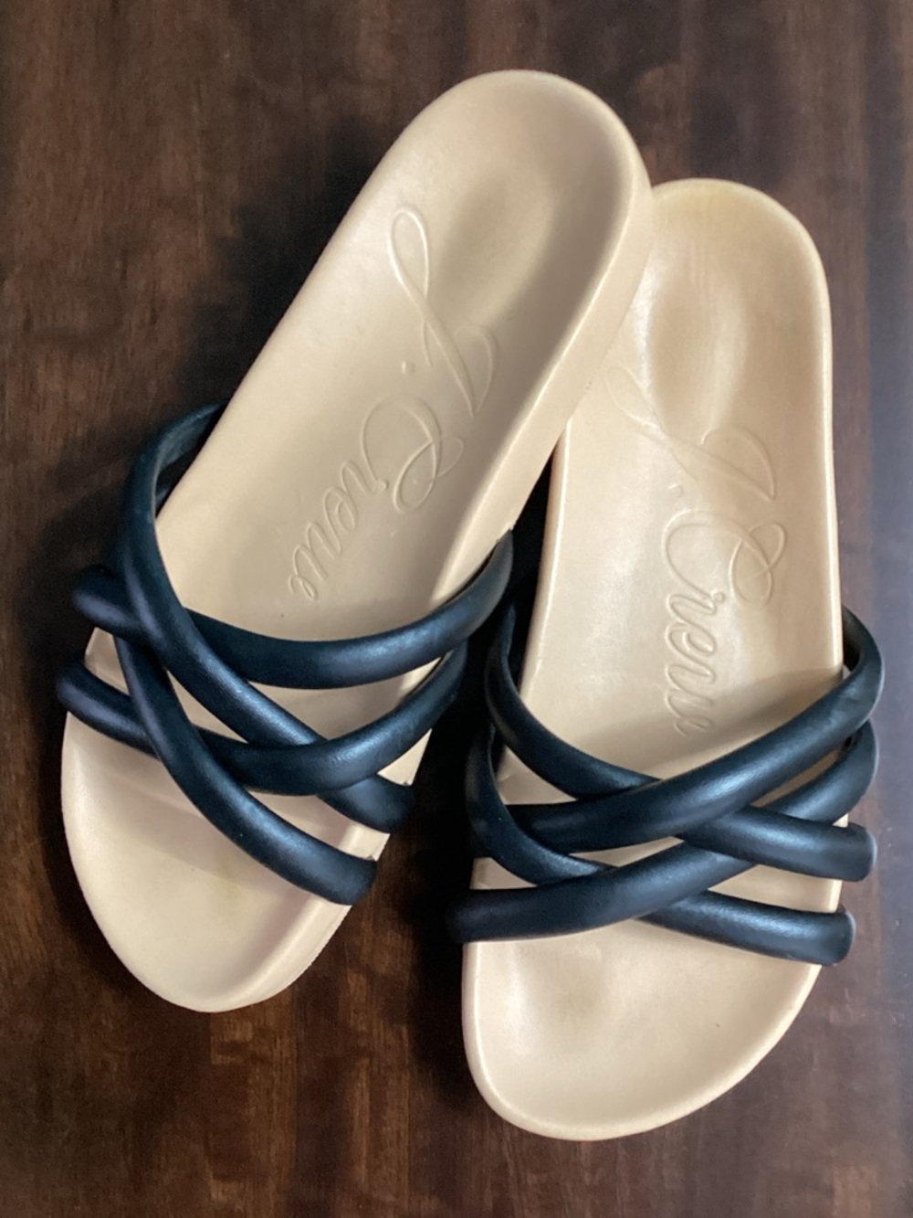 J. Crew Black Strappy Women’s Slide Sandals with Tan Footbed 5.5